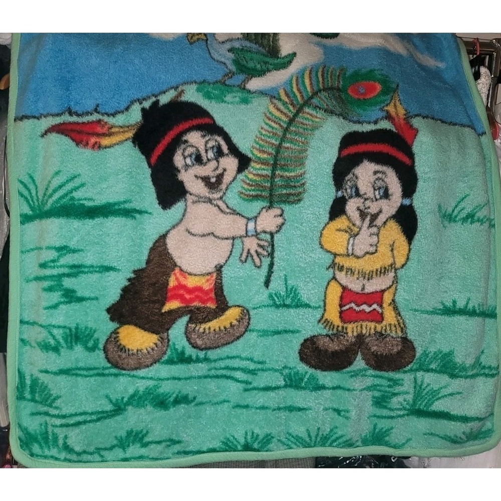 Vintage Hiawatha Hunter / Little Girl Native Cartoon RVS Blanket Throw 53"x44.5"